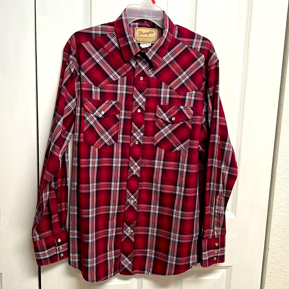 Wrangler Red Plaid Long Sleeve Pocket Snap Front Western Shirt Size L